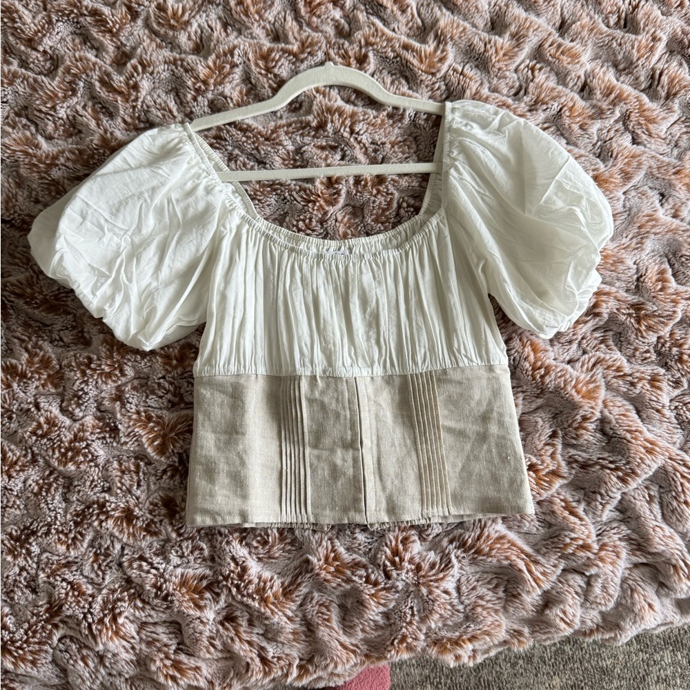 Reformation White and Cream Blouse with Smocked Puffed Sleeves